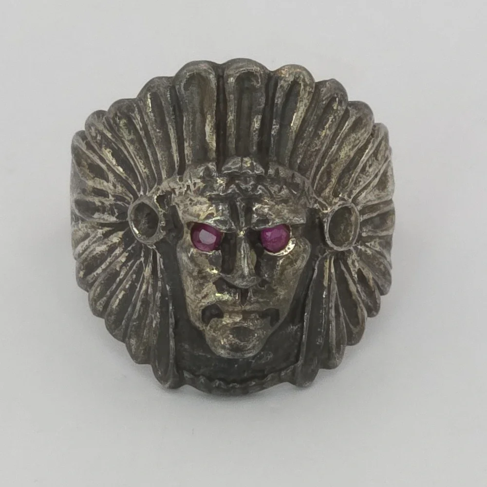 3D Chief Head Biker Sterling Silver Men's Ring Ruby Eyes Size 10.75 NA Large